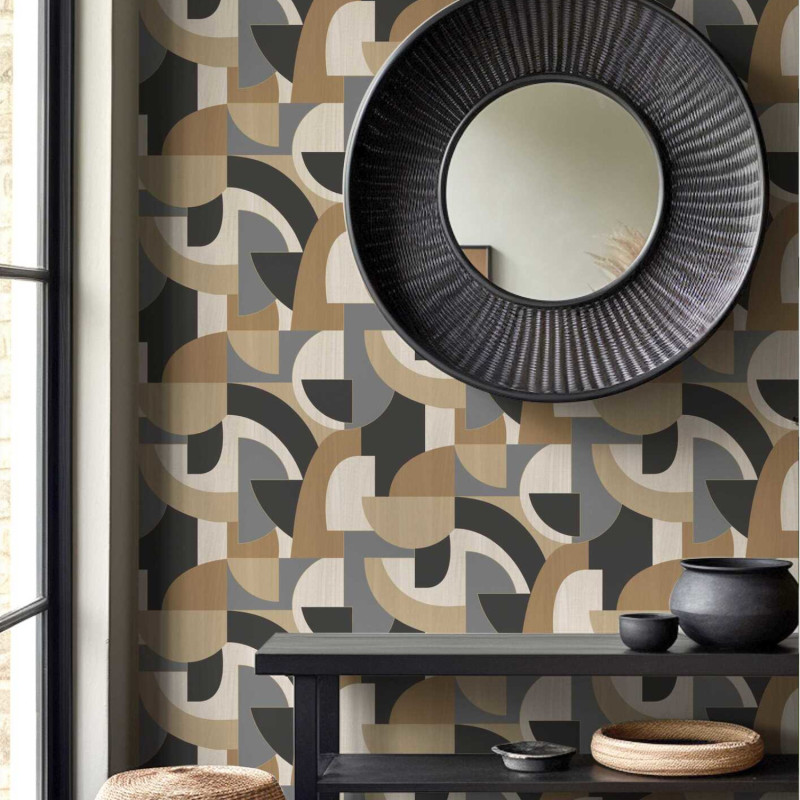 Papier peint intissé Graphic Shapes noir, taupe et caramel - Geometric - Rasch - 791914