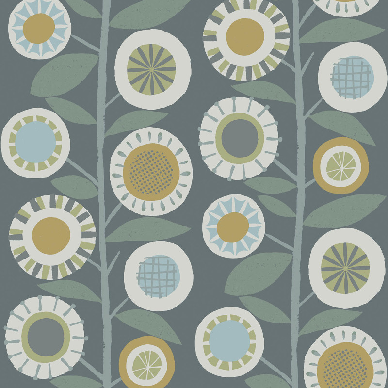 Papier peint intissé Sisu rayure floral Scandi jaune moutarde et gris - Délicatesse - Lutèce - FD26553